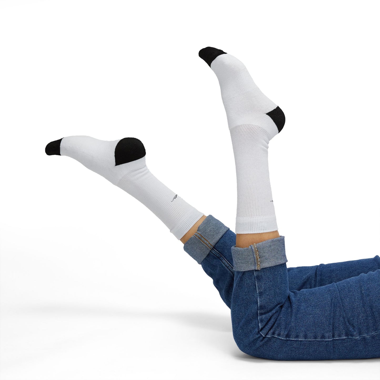 Minimalist Sublimation Crew Socks — Thin Stripes with Cross Accent