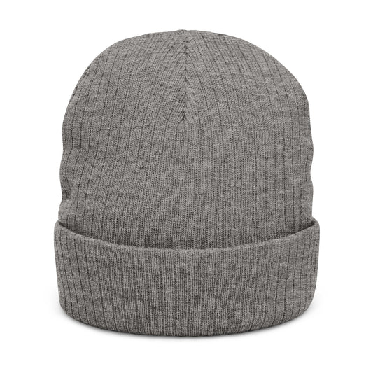 Embroidered Ribbed Knit Beanie — Classic Gray Cuffed Hat with Monogram Cross