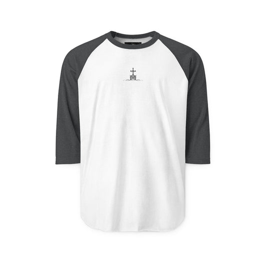 Minimalist Cross Raglan Shirt — Small Center Chest Faith Graphic