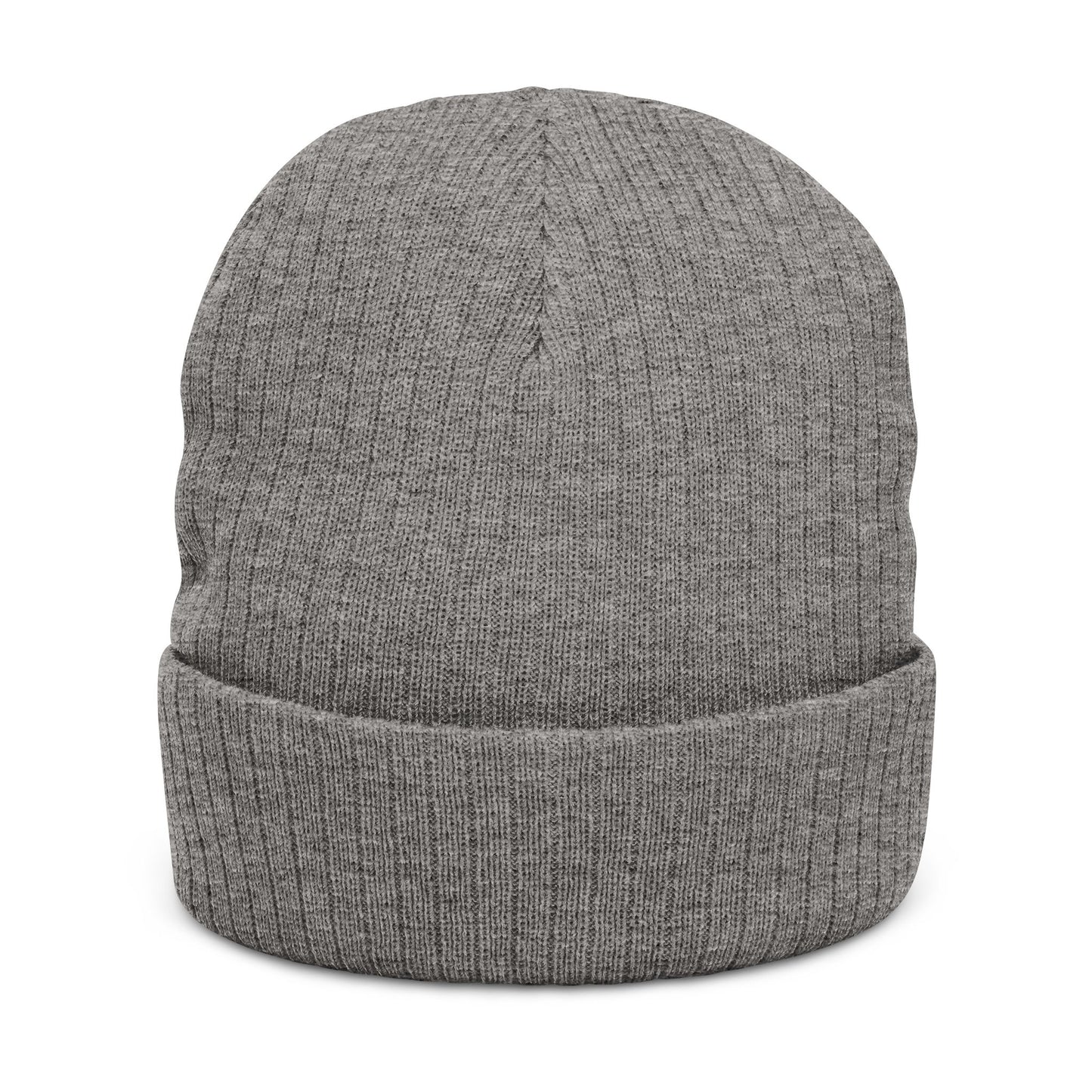 Embroidered Ribbed Knit Beanie — Classic Gray Cuffed Hat with Monogram Cross