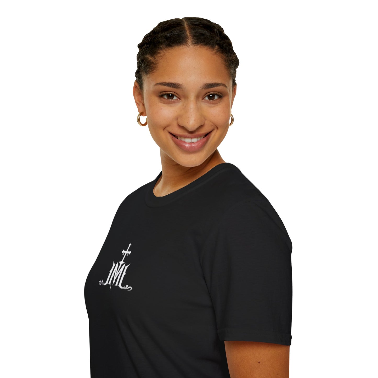 JMJ Cross T-Shirt — Small Monogram Catholic Faith Tee