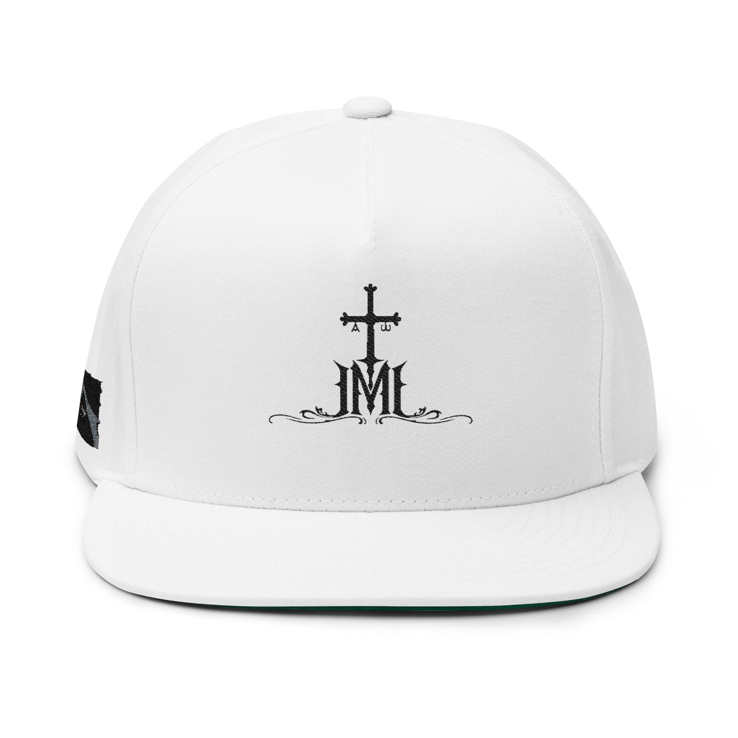 Embroidered Cross & JM Flat Bill Cap — Christian Faith Snapback Hat