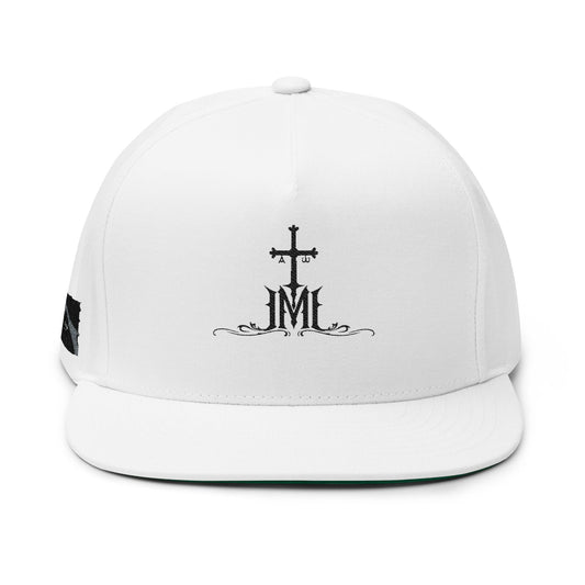Embroidered Cross & JM Flat Bill Cap — Christian Faith Snapback Hat