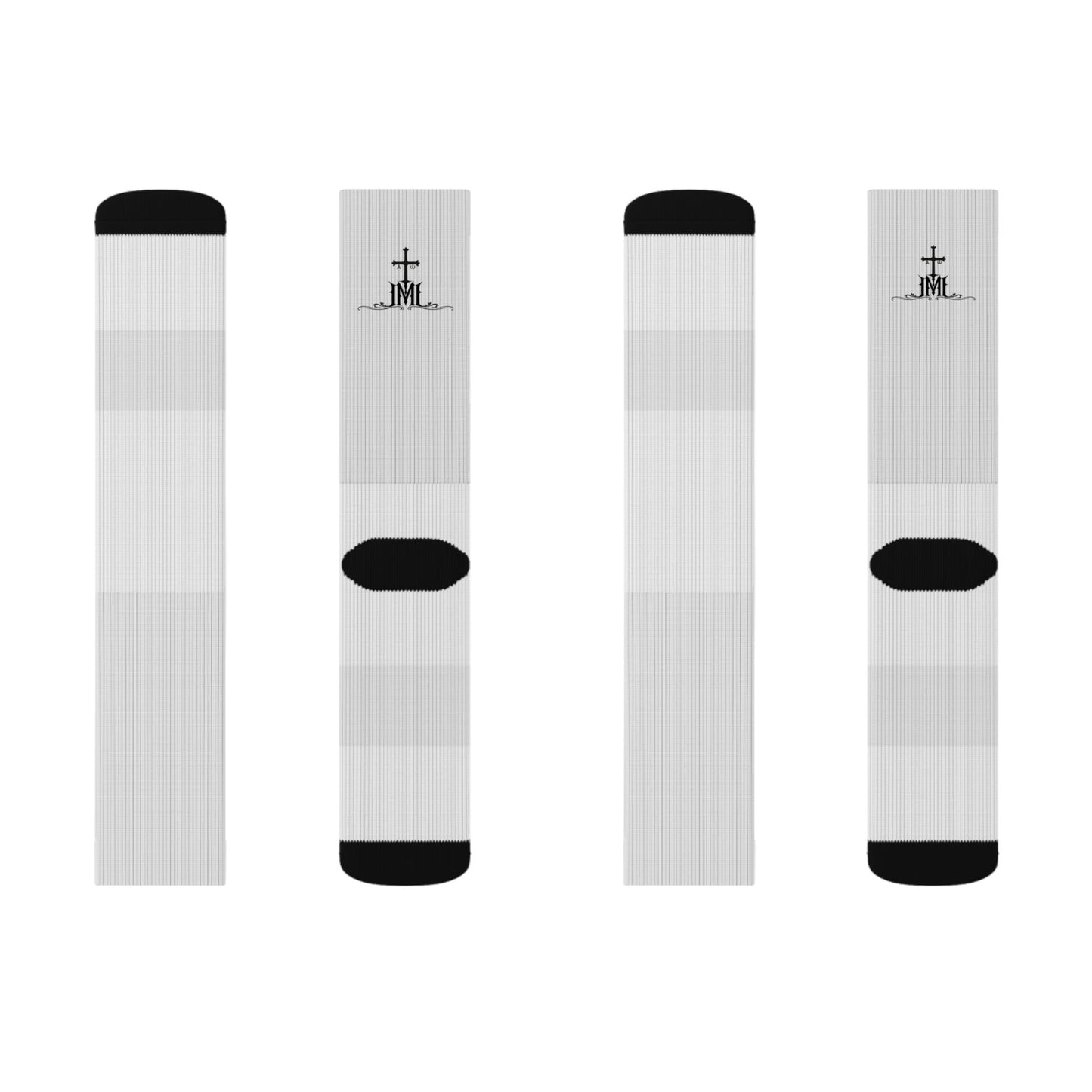 Minimalist Sublimation Crew Socks — Thin Stripes with Cross Accent