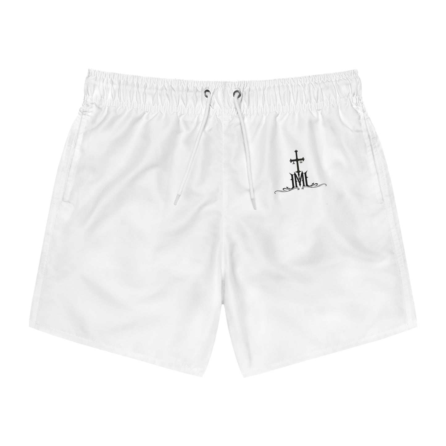 White Swim Trunks with Minimal Cross & 'JML' Logo – Beach Swim Shorts