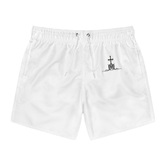 White Swim Trunks with Minimal Cross & 'JML' Logo – Beach Swim Shorts