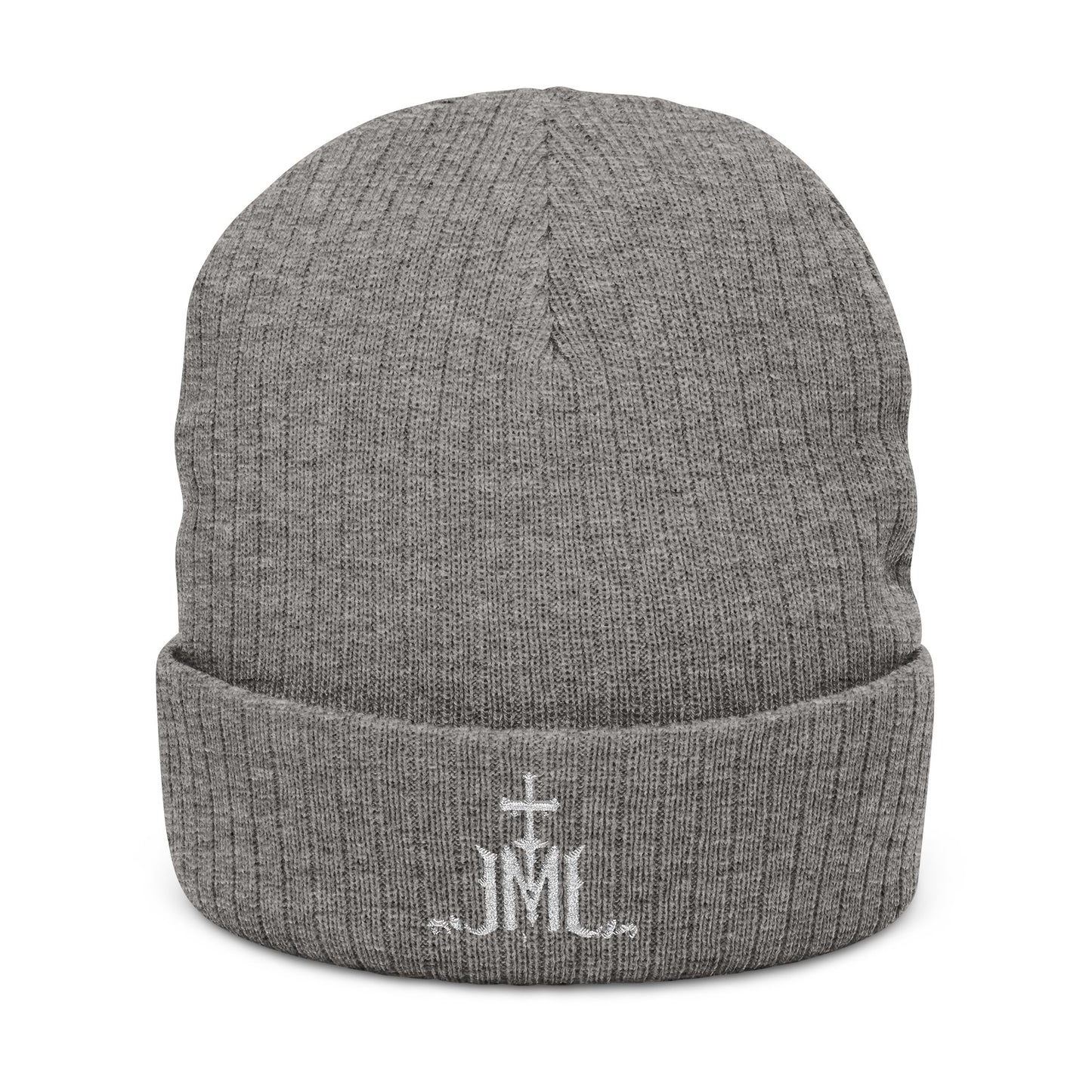 Embroidered Ribbed Knit Beanie — Classic Gray Cuffed Hat with Monogram Cross