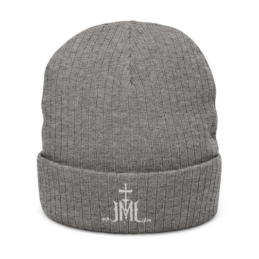 Embroidered Ribbed Knit Beanie — Classic Gray Cuffed Hat with Monogram Cross