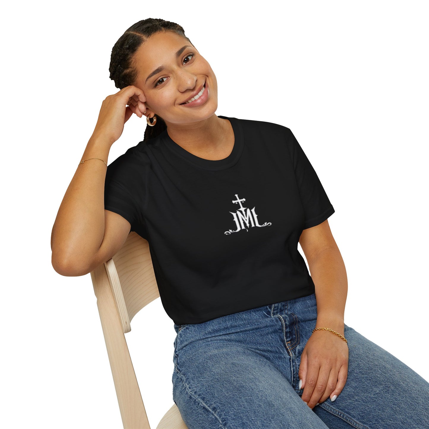 JMJ Cross T-Shirt — Small Monogram Catholic Faith Tee