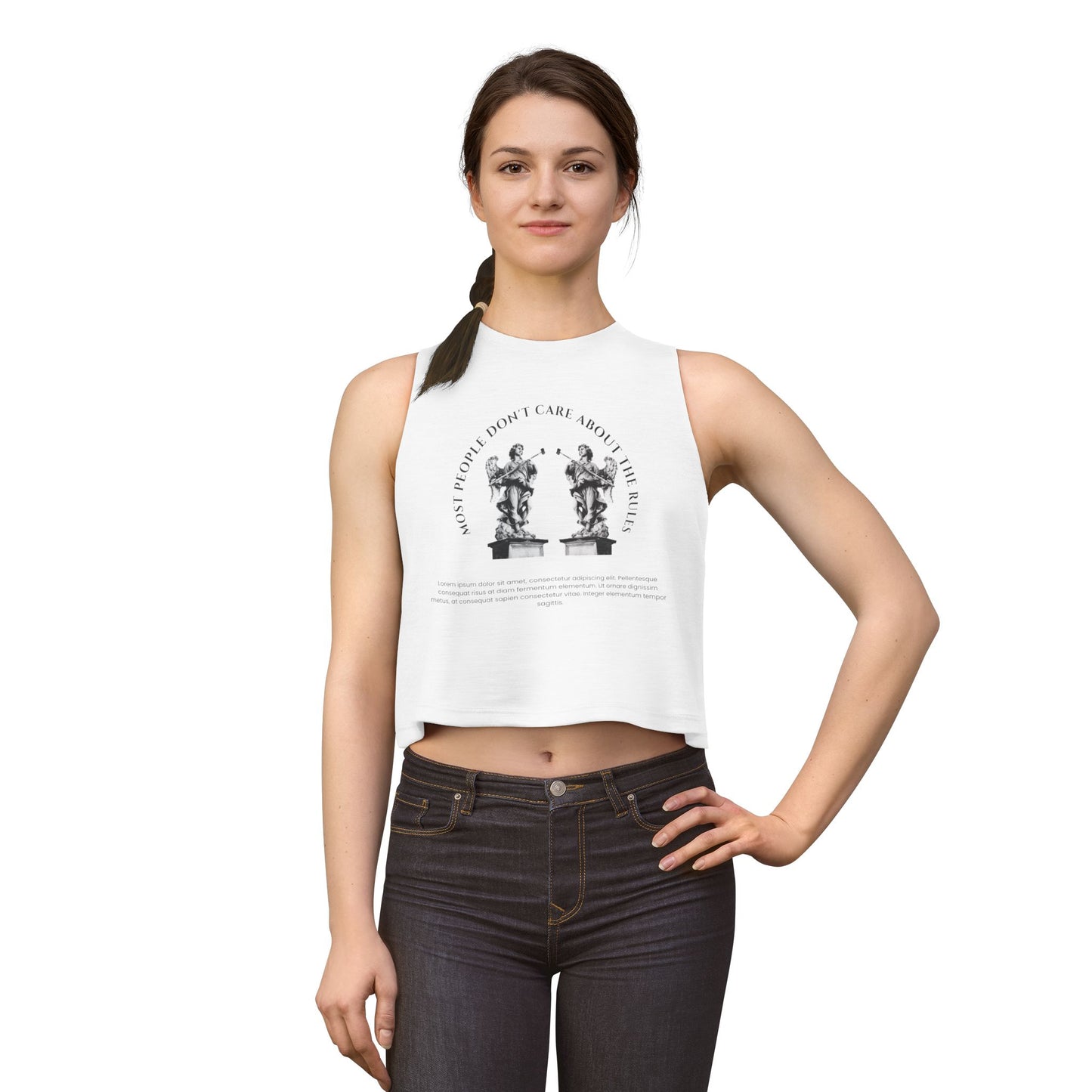 Sculpture Quote Crop Top — 'Most People Don't Care About the Rules' Graphic Tank